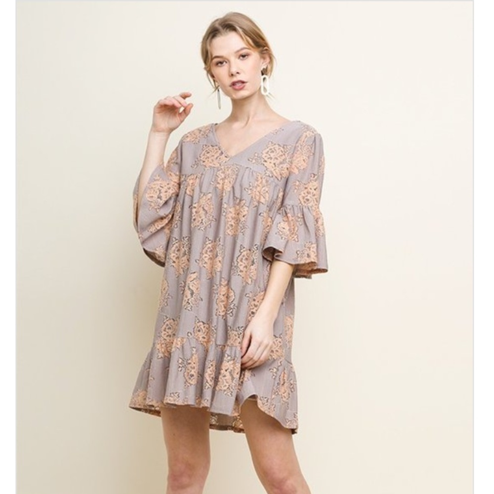Umgee Floral Lace Bell Sleeve Dress
